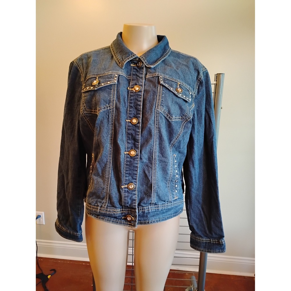 Cato Womens XL Denim Jacket Medium Wash Rhinestone Studded Stretch Trucker Blue